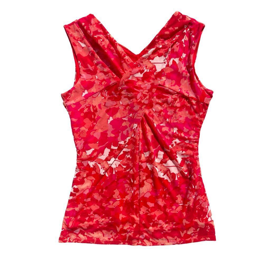 Tahari Red Floral Abstract Print Twist Front Sleeveless Top - Size XS - Picture 2 of 9